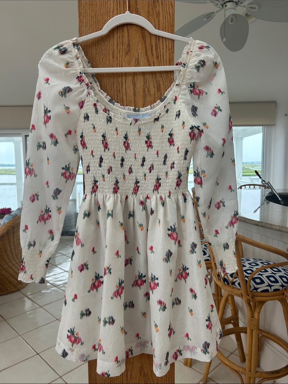 Hill House White Smocked Dress with Pink & Green Floral Motif